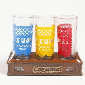 NEW Set of 3 Cozumel Mexico Multicolor Shot Glasses Wooden Cradle